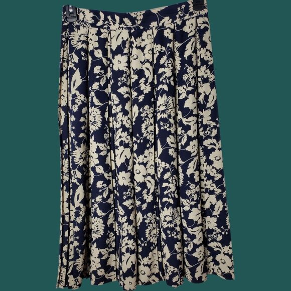 St.Michael Vtg Style Floral Pleated Midi Skirt Navy & Cream Sz 16 - Picture 1 of 10